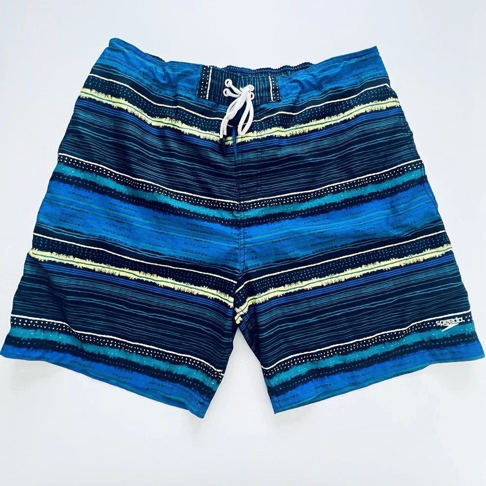 Speedo Men's XXL Swim Trunks Blue Striped Board Shorts Mesh Lined Drawstring